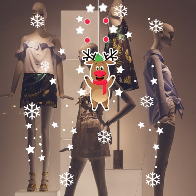 Sevinçli Sevimli Geyik ve Kar Taneleri Yılbaşı Vitrin Süslemeleri Sticker 70x70cm