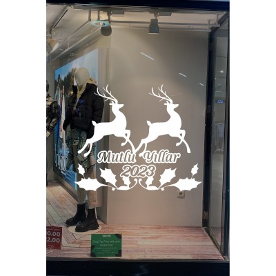 Sevimli Geyikler ve Mutlu Yıllar 2023 Yılbaşı Süslemeleri108x83cm