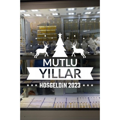 Yılbaşı Süslemeleri Mutlu Yıllar Geyikli Ağaçlı Sticker