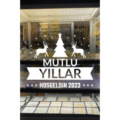 Yılbaşı Süslemeleri Mutlu Yıllar Geyikli Ağaçlı Sticker