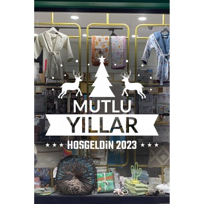 Yılbaşı Süslemeleri Mutlu Yıllar Geyikli Ağaçlı Sticker