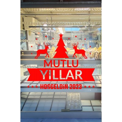 Yılbaşı Süslemeleri Mutlu Yıllar Geyikli Ağaçlı Sticker