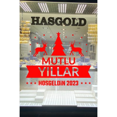 Yılbaşı Süslemeleri Mutlu Yıllar Geyikli Ağaçlı Sticker