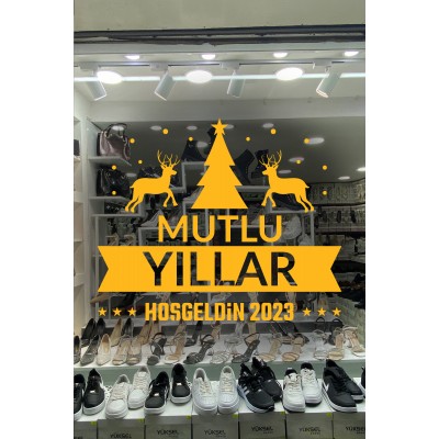 Yılbaşı Süslemeleri Mutlu Yıllar Geyikli Ağaçlı Sticker