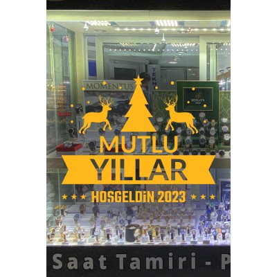 Yılbaşı Süslemeleri Mutlu Yıllar Geyikli Ağaçlı Sticker