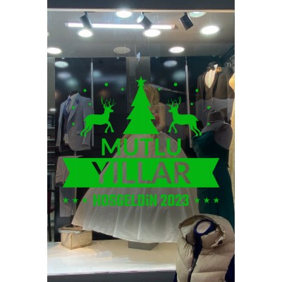 Yılbaşı Süslemeleri Mutlu Yıllar Geyikli Ağaçlı Sticker