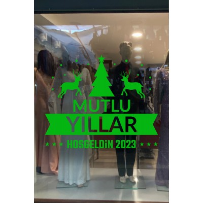 Yılbaşı Süslemeleri Mutlu Yıllar Geyikli Ağaçlı Sticker