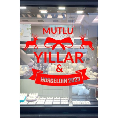 Yılbaşı Süslemeleri Mutlu Yıllar Geyikli Kurdelalı Sticker
