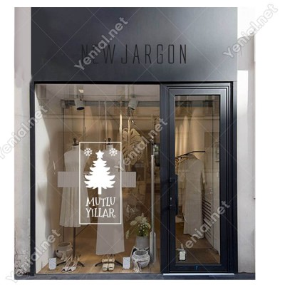 Üstünde Parlak Yıldız Bulunan Çam Ağacı ve Mutlu Yıllar Yazısı Yılbaşı Süslemeleri