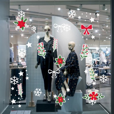 Yaprak Desenleri Kurdela Kar Taneleri ve Yapraklar Yılbaşı Vitrin Stickerları 70x70cm