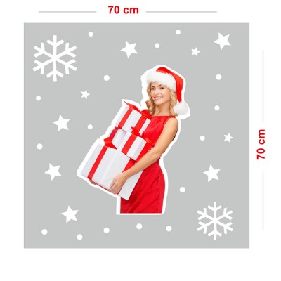Yılbaşı Hediye Paketlerini Taşıyan Kadın ve Kar Taneleri Vitrin Sticker Yapıştırma 70x70cm