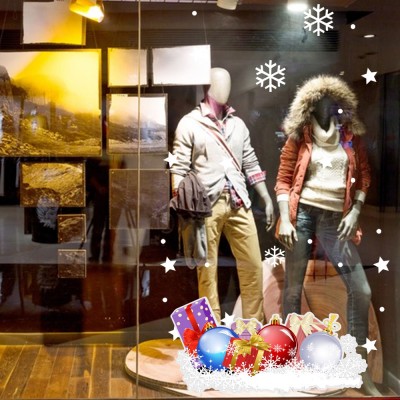 Yılbaşı Topları ve Hediye Paketleri Kar Taneleri Vitrin Sticker Yapıştırma 70x70cm