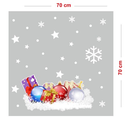 Yılbaşı Topları ve Hediye Paketleri Kar Taneleri Vitrin Sticker Yapıştırma 70x70cm