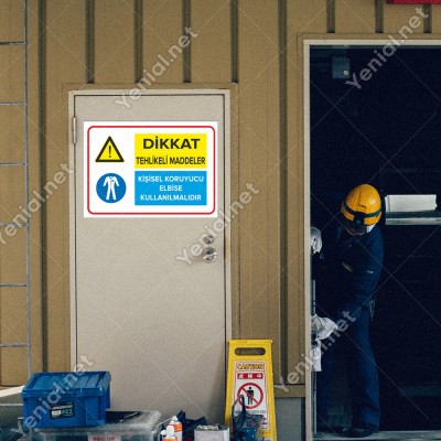 Tehlike Tehlikeli Maddeler Kişisel Koruyucu Eldiven Kullanılmalıdır Levhası
