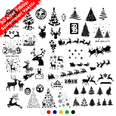 Yılbaşı Süslemeleri Geyik Yıldız Kar Tanesi 2019 Çam 50 Adet Sticker CDR Dosyası İndir Yükle