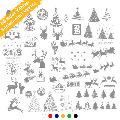 Yılbaşı Süslemeleri Geyik Yıldız Kar Tanesi 2019 Çam 50 Adet Sticker CDR Dosyası İndir Yükle