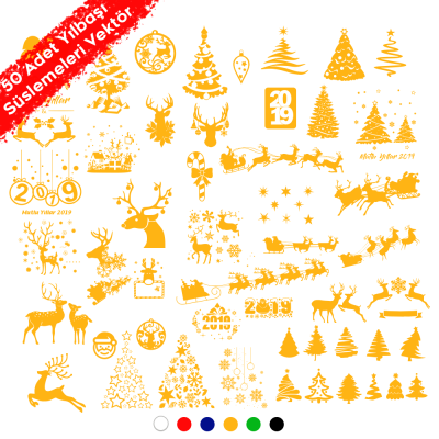 Yılbaşı Süslemeleri Geyik Yıldız Kar Tanesi 2019 Çam 50 Adet Sticker CDR Dosyası İndir Yükle