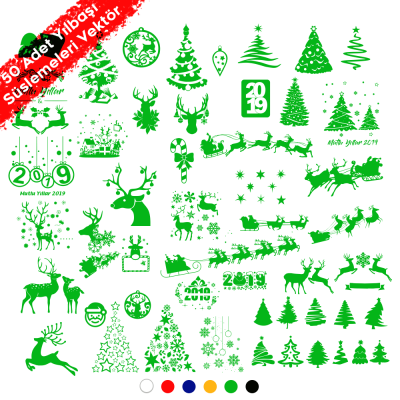 Yılbaşı Süslemeleri Geyik Yıldız Kar Tanesi 2019 Çam 50 Adet Sticker CDR Dosyası İndir Yükle